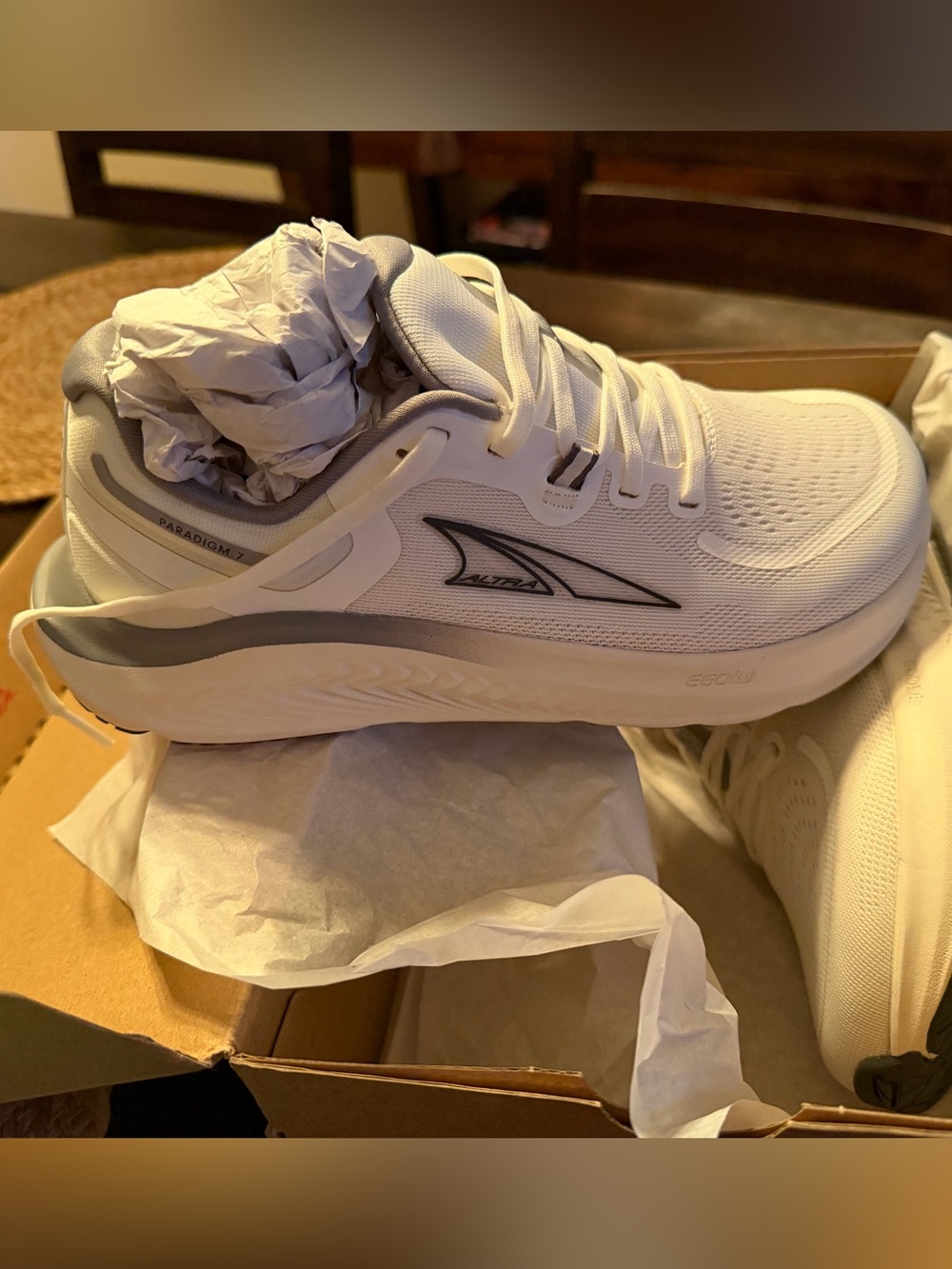 Altra White and Light Gray Paradigm 7 Running Shoe